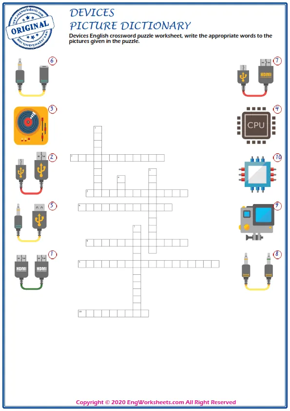 Devices English crossword puzzle worksheet, write the appropriate words to the pictures given in the puzzle. Worksheet Preview