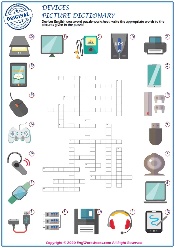 Devices English crossword puzzle worksheet, write the appropriate words to the pictures given in the puzzle.