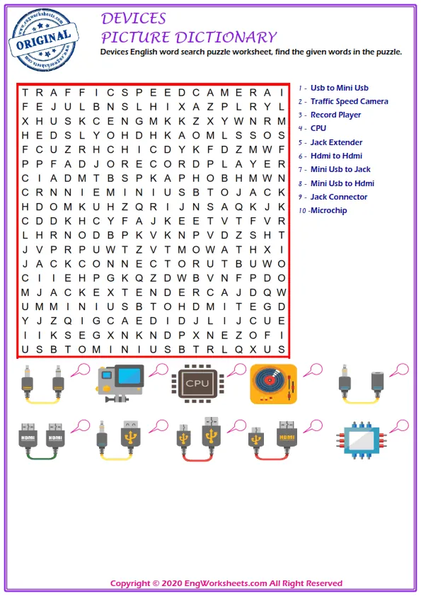 Devices English word search puzzle worksheet, find the given words in the puzzle. Worksheet Preview