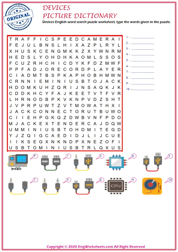 Devices English word search puzzle worksheet, type the words given in the puzzle. Worksheet Preview
