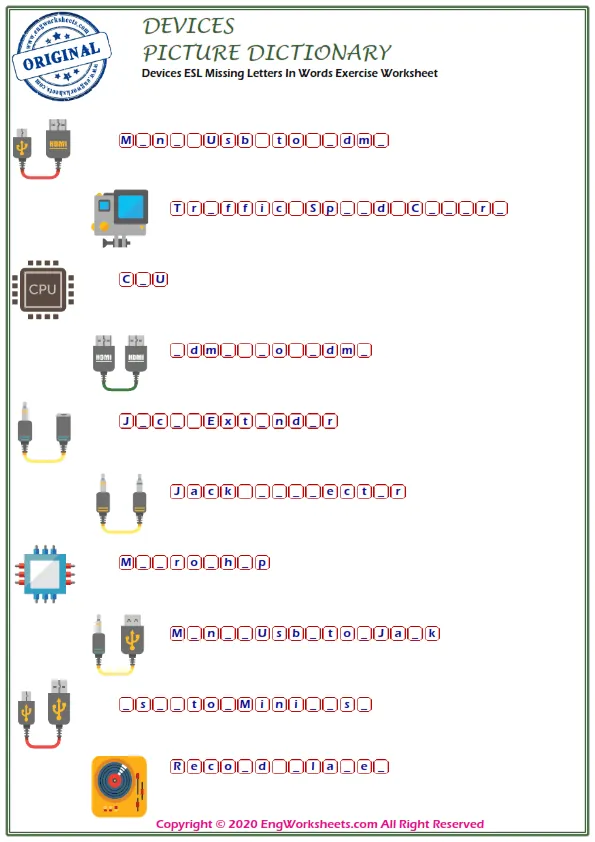 Devices ESL Missing Letters In Words Exercise Worksheet Worksheet Preview
