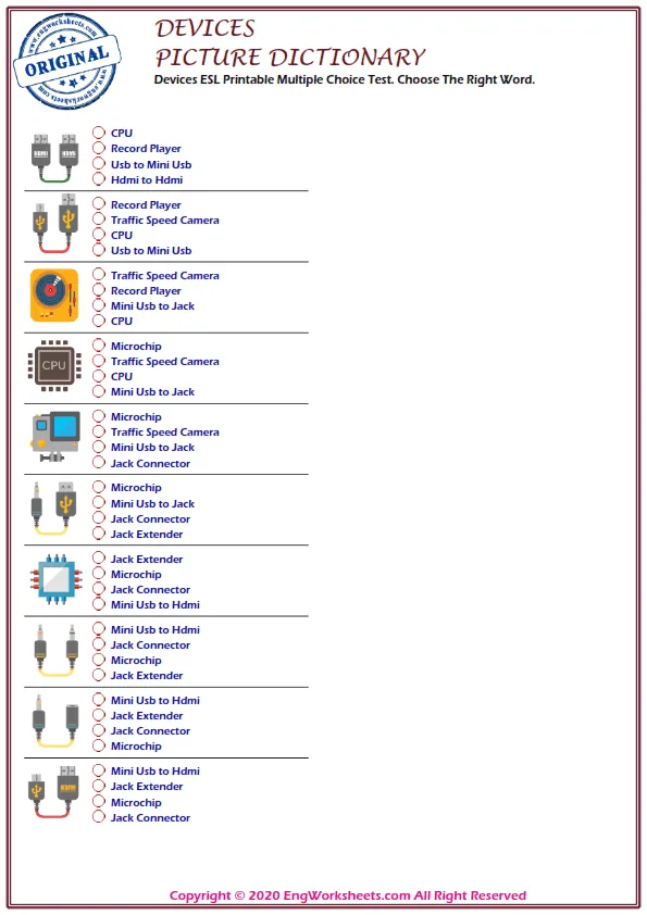 Devices ESL Printable Multiple Choice Test. Choose The Right Word. Worksheet Preview