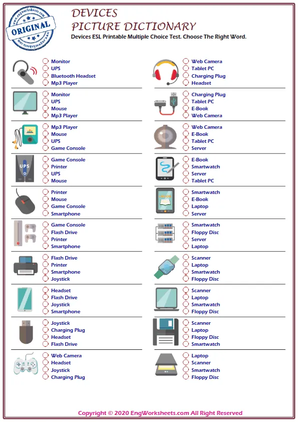 Devices ESL Printable Multiple Choice Test. Choose The Right Word.