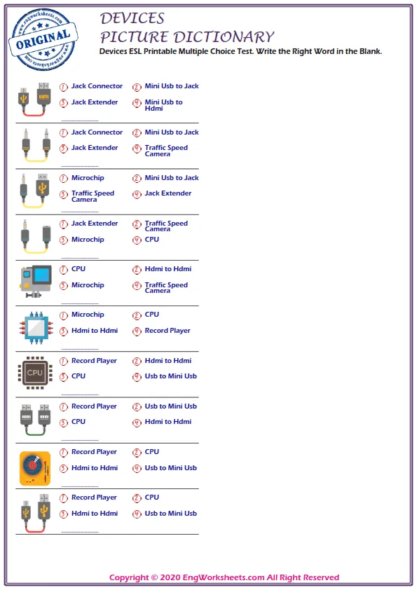 Devices ESL Printable Multiple Choice Test. Write the Right Word in the Blank. Worksheet Preview