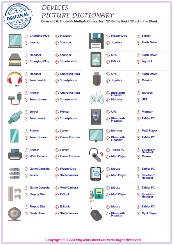 Devices ESL Printable Multiple Choice Test. Write the Right Word in the Blank.