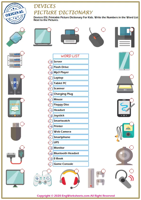 Devices ESL Printable Picture Dictionary For Kids. Write the Numbers in the Word List Next to the Pictures.