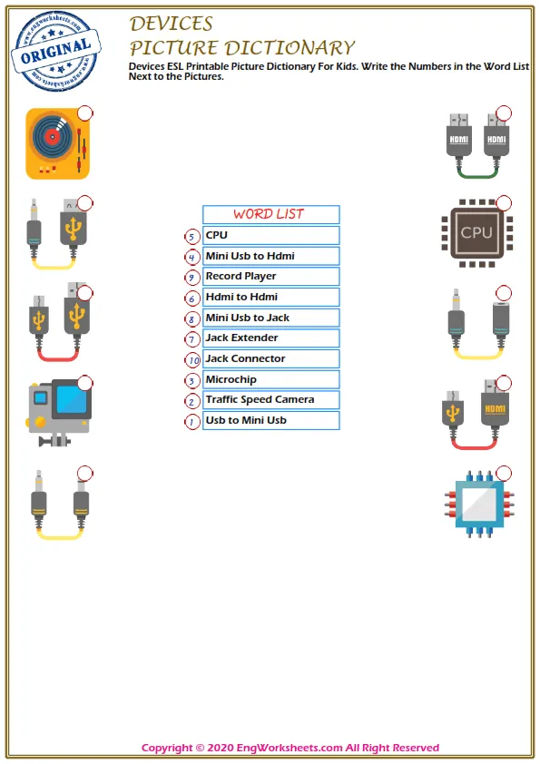 Devices ESL Printable Picture Dictionary For Kids. Write the Numbers in the Word List Next to the Pictures. Worksheet Preview