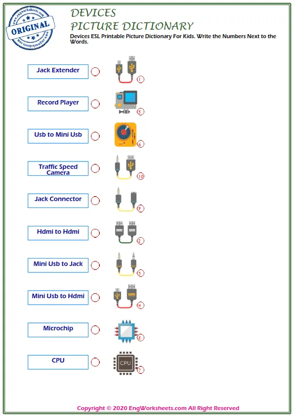 Devices ESL Printable Picture Dictionary For Kids. Write the Numbers Next to the Words. Worksheet Preview