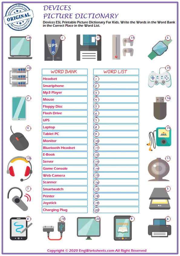 Devices ESL Printable Picture Dictionary For Kids. Write the Words in the Word Bank in the Correct Place in the Word List.