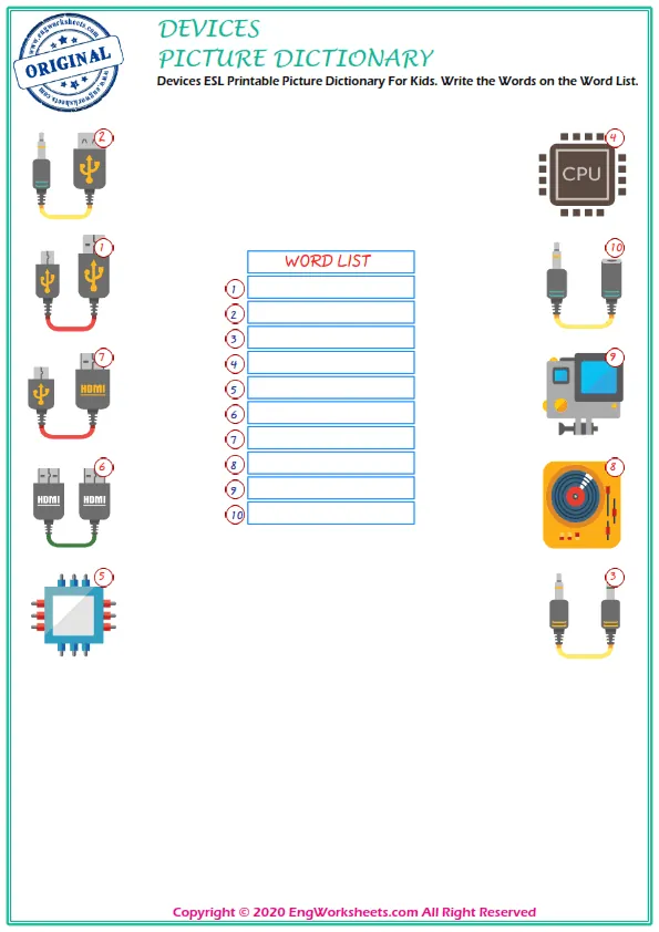 Devices ESL Printable Picture Dictionary For Kids. Write the Words on the Word List. Worksheet Preview