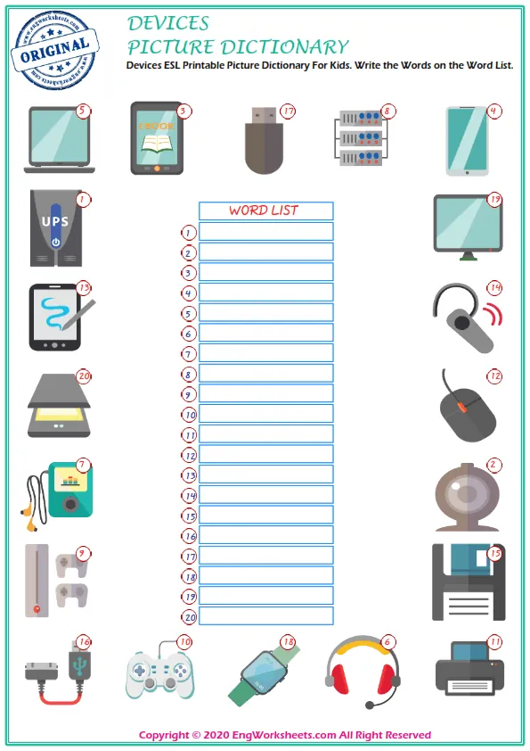 Devices ESL Printable Picture Dictionary For Kids. Write the Words on the Word List.