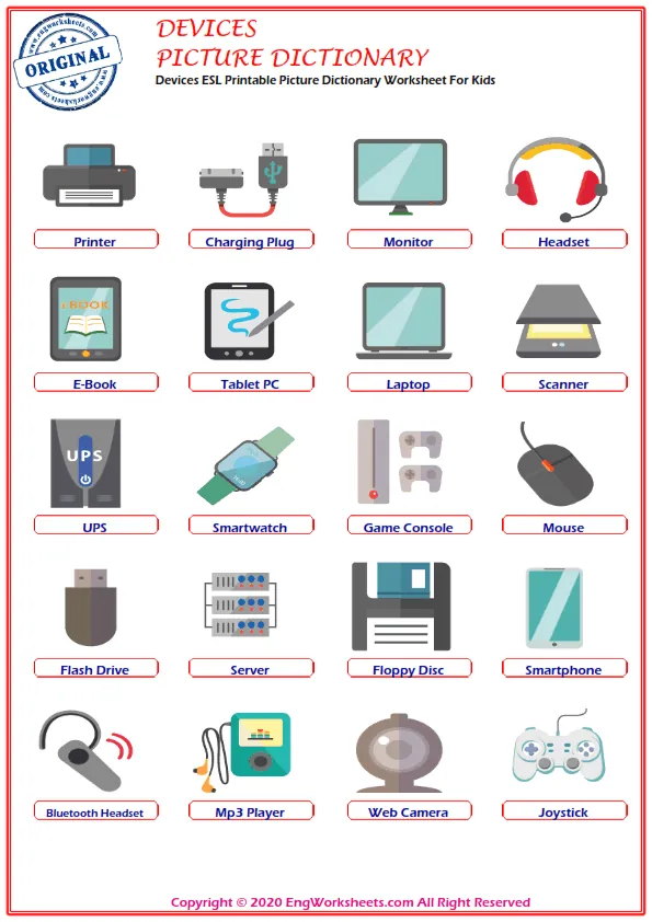 Devices ESL Printable Picture Dictionary Worksheet For Kids Worksheet Preview