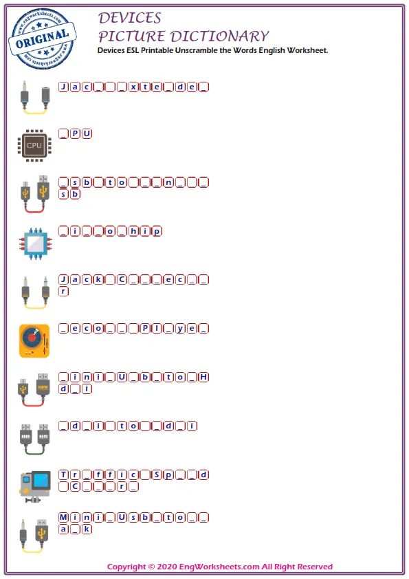 Devices ESL Printable Unscramble the Words English Worksheet. Worksheet Preview