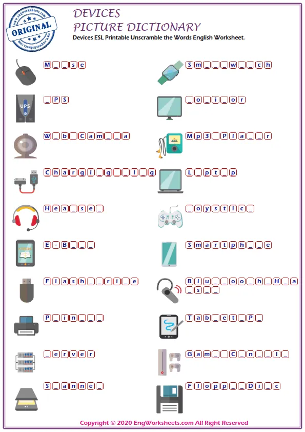 Devices ESL Printable Unscramble the Words English Worksheet.