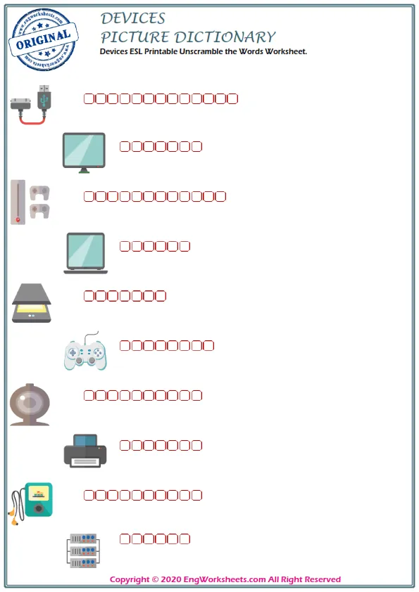 Devices ESL Printable Unscramble the Words Worksheet. Worksheet Preview