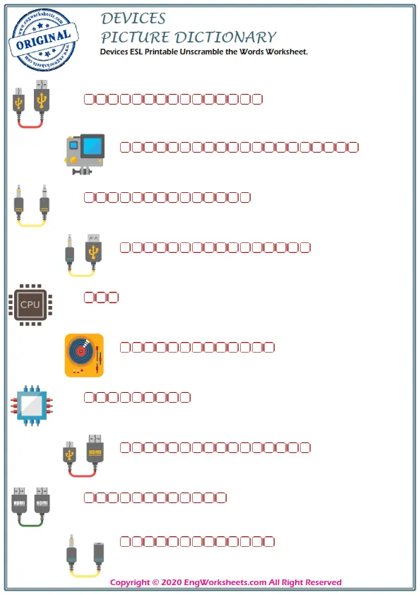 Devices ESL Printable Unscramble the Words Worksheet. Worksheet Preview