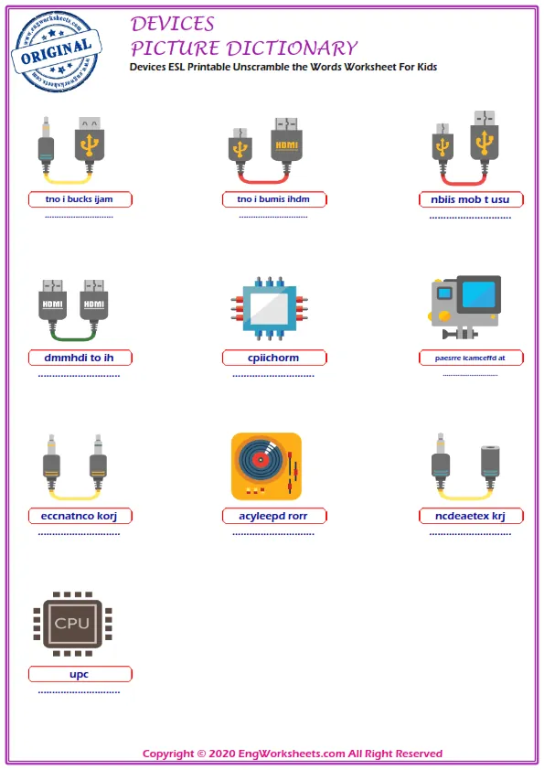 Devices ESL Printable Unscramble the Words Worksheet For Kids