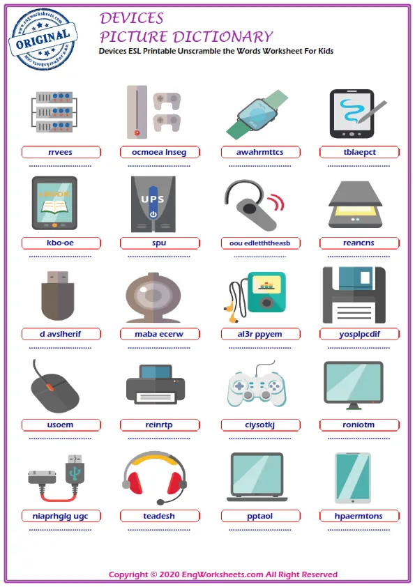 Devices ESL Printable Unscramble the Words Worksheet For Kids