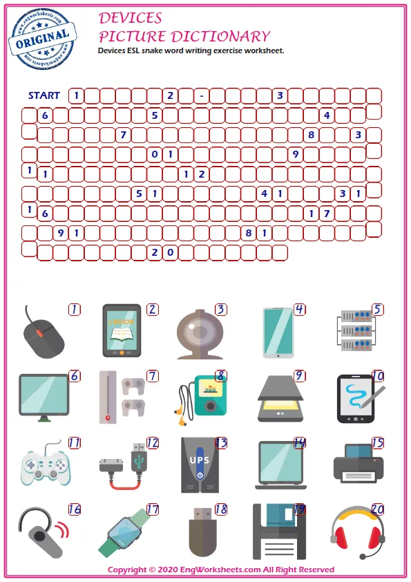 Devices ESL snake word writing exercise worksheet.