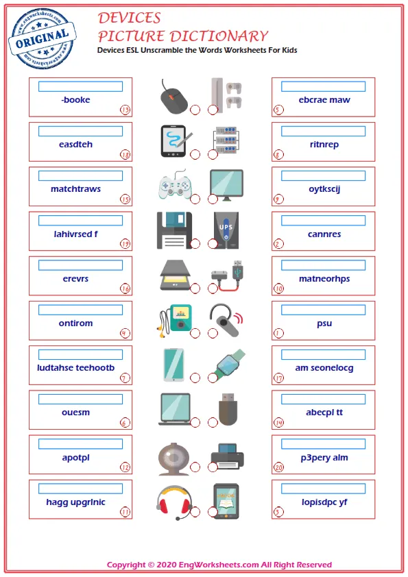 Devices ESL Unscramble the Words Worksheets For Kids Worksheet Preview