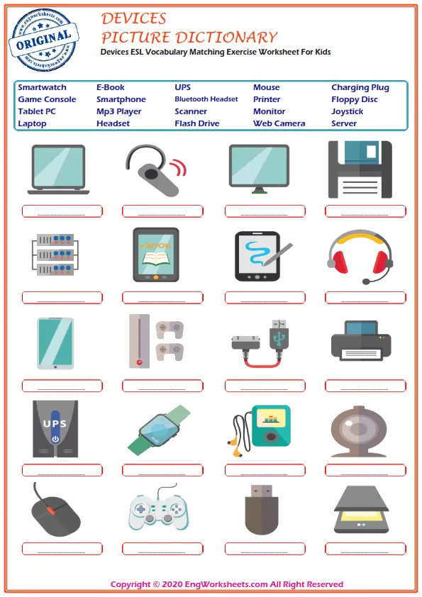 Devices ESL Vocabulary Matching Exercise Worksheet For Kids