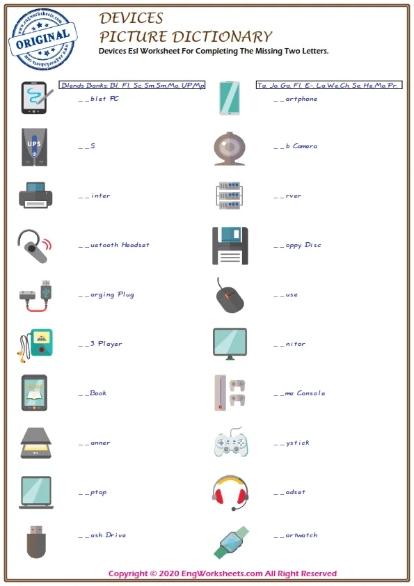 Devices Esl Worksheet For Completing The Missing Two Letters.