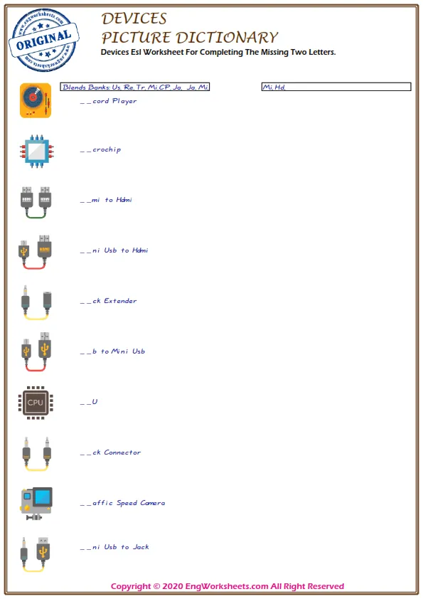 Devices Esl Worksheet For Completing The Missing Two Letters. Worksheet Preview