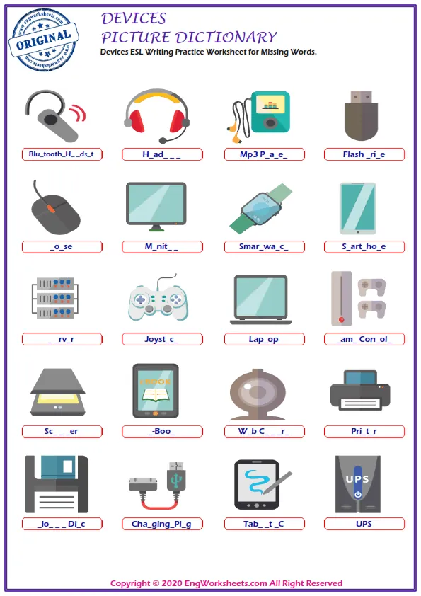 Devices ESL Writing Practice Worksheet for Missing Words.