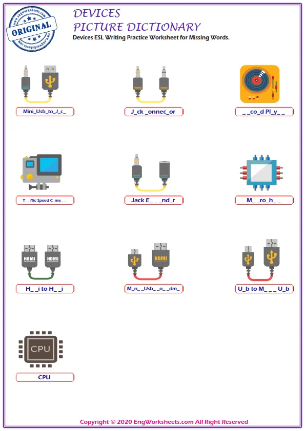 Devices ESL Writing Practice Worksheet for Missing Words. Worksheet Preview