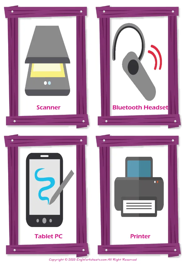 Devices vocabulary worksheet with words, four images per page
