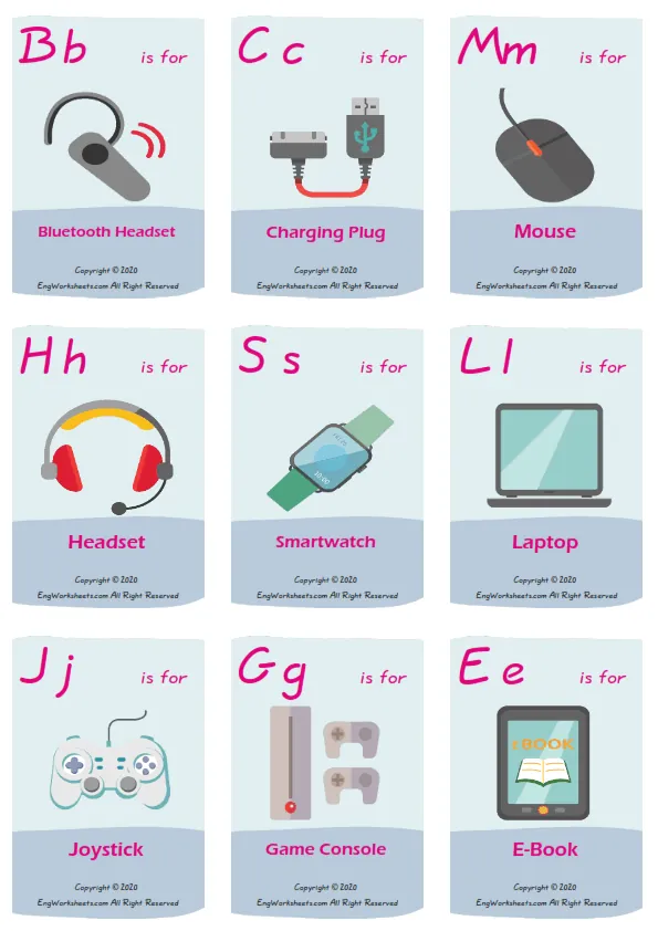 Devices vocabulary worksheet with words, nine images per page