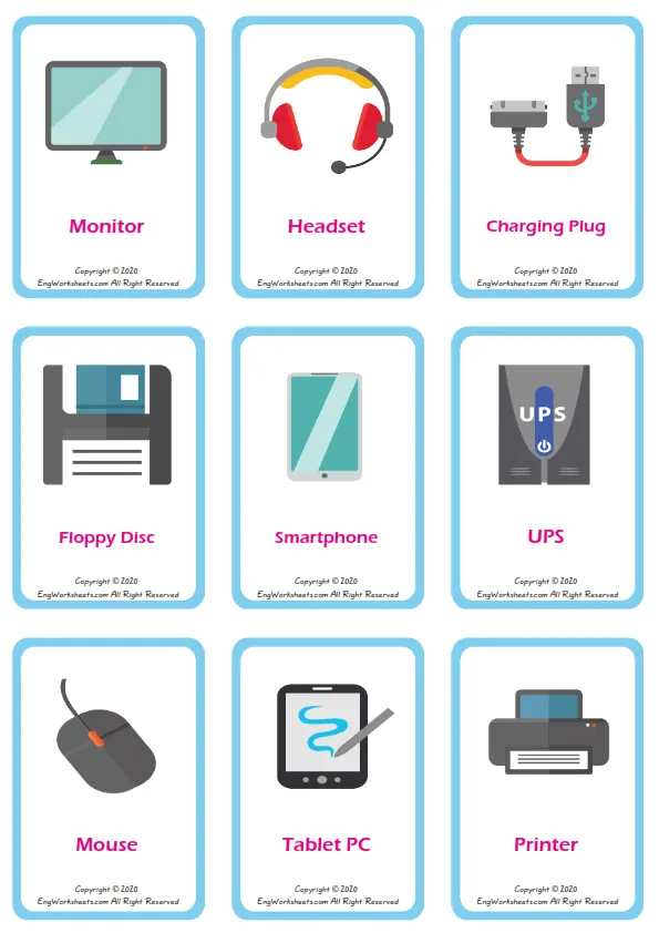 Devices vocabulary worksheet with words, nine images per page