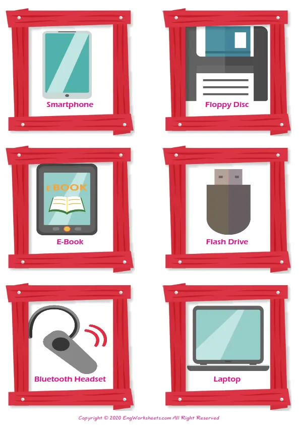 Devices vocabulary worksheet with words, six images per page