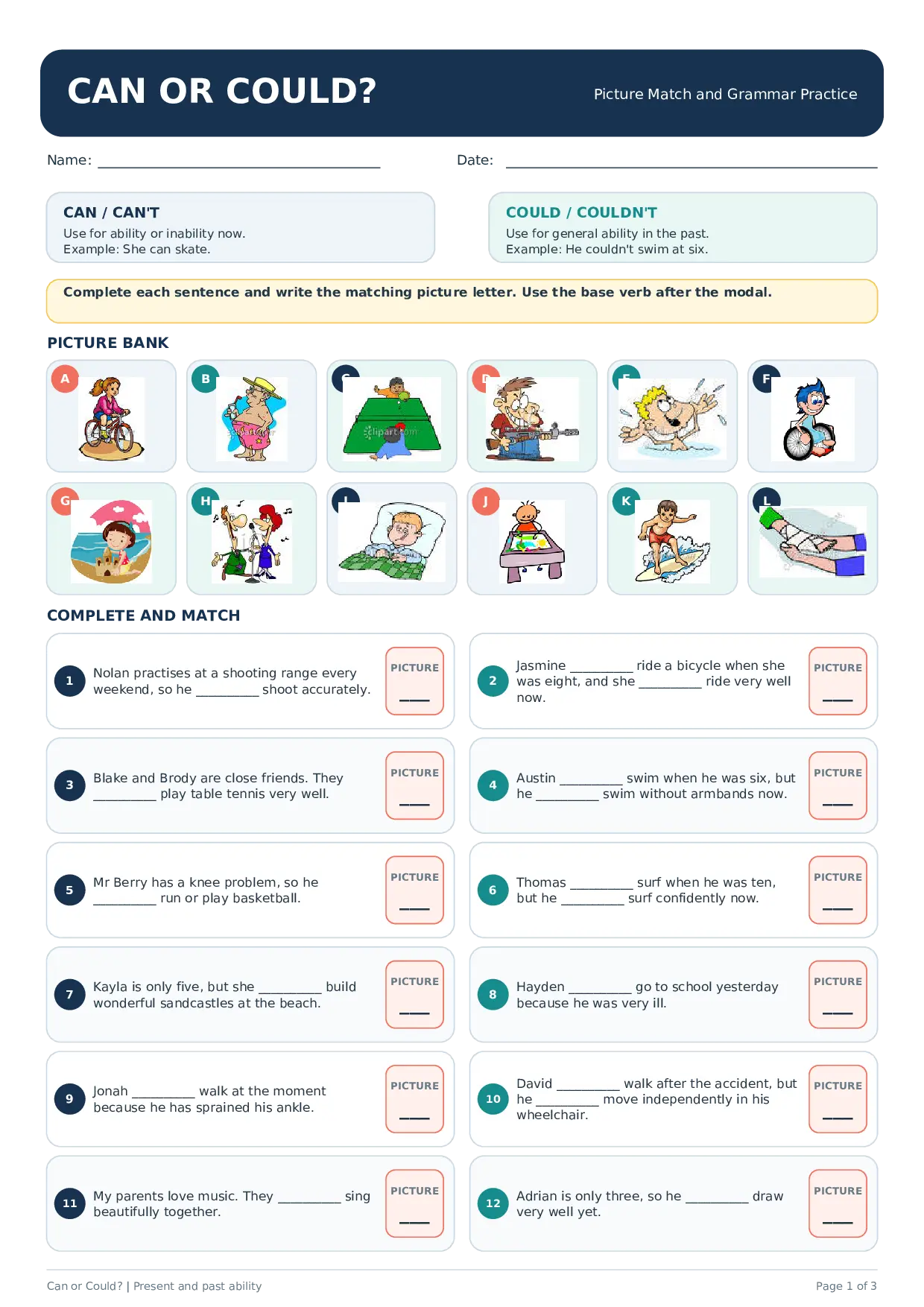 Can or Could? Picture Matching Worksheet for Present and Past Ability Worksheet Preview