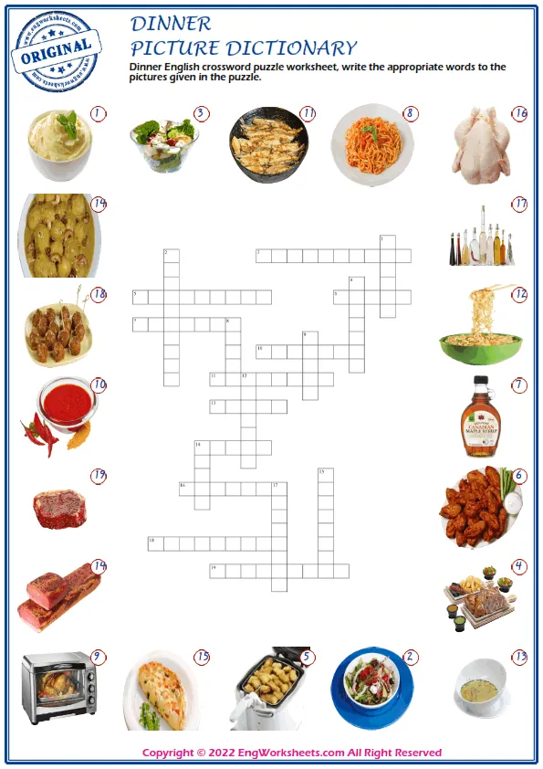 Dinner English crossword puzzle worksheet, write the appropriate words to the pictures given in the puzzle. Worksheet Preview