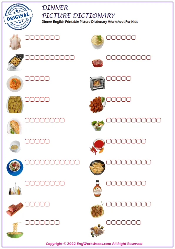 Dinner English Printable Picture Dictionary Worksheet For Kids Worksheet Preview