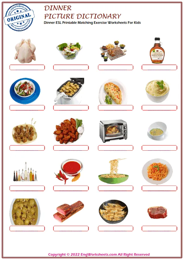 Dinner ESL Printable Matching Exercise Worksheets For Kids Worksheet Preview