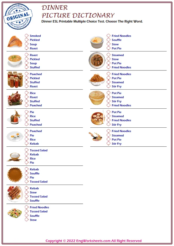 Dinner ESL Printable Multiple Choice Test. Choose The Right Word. Worksheet Preview