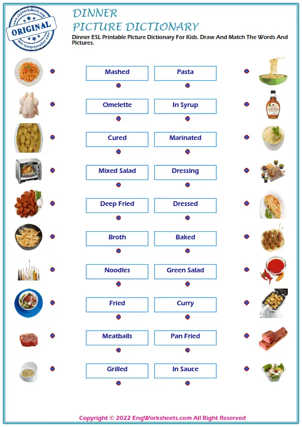 Dinner ESL Printable Picture Dictionary For Kids. Write the Numbers Next to the Words.