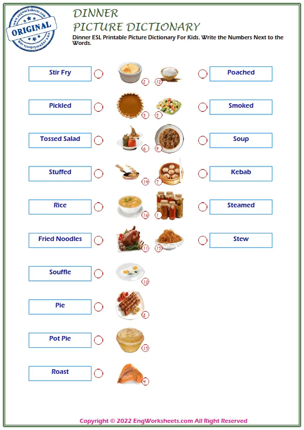 Dinner ESL Printable Picture Dictionary For Kids. Write the Numbers Next to the Words. Worksheet Preview
