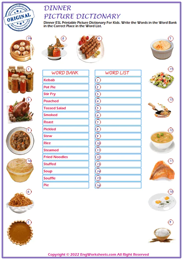 Dinner ESL Printable Picture Dictionary For Kids. Write the Words in the Word Bank in the Correct Place in the Word List. Worksheet Preview