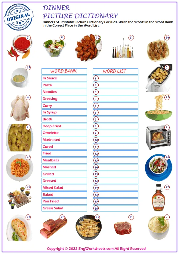 Dinner ESL Printable Picture Dictionary For Kids. Write the Words in the Word Bank in the Correct Place in the Word List. Worksheet Preview