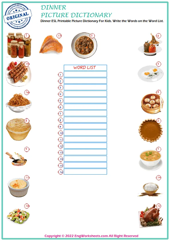 Dinner ESL Printable Picture Dictionary For Kids. Write the Words on the Word List. Worksheet Preview