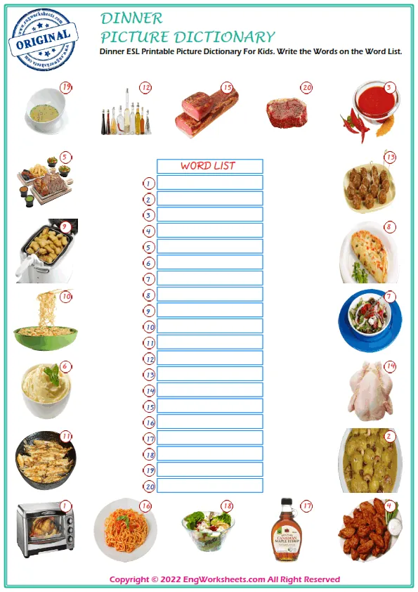 Dinner ESL Printable Picture Dictionary For Kids. Write the Words on the Word List. Worksheet Preview