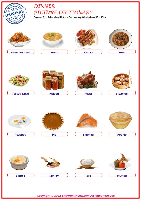 Dinner ESL Printable Picture Dictionary Worksheet For Kids Worksheet Preview