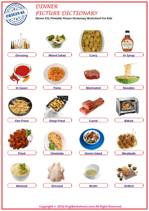 Dinner ESL Printable Picture Dictionary Worksheet For Kids Worksheet Preview