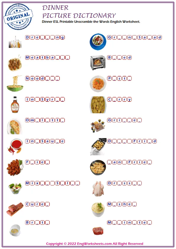 Dinner ESL Printable Unscramble the Words English Worksheet.
