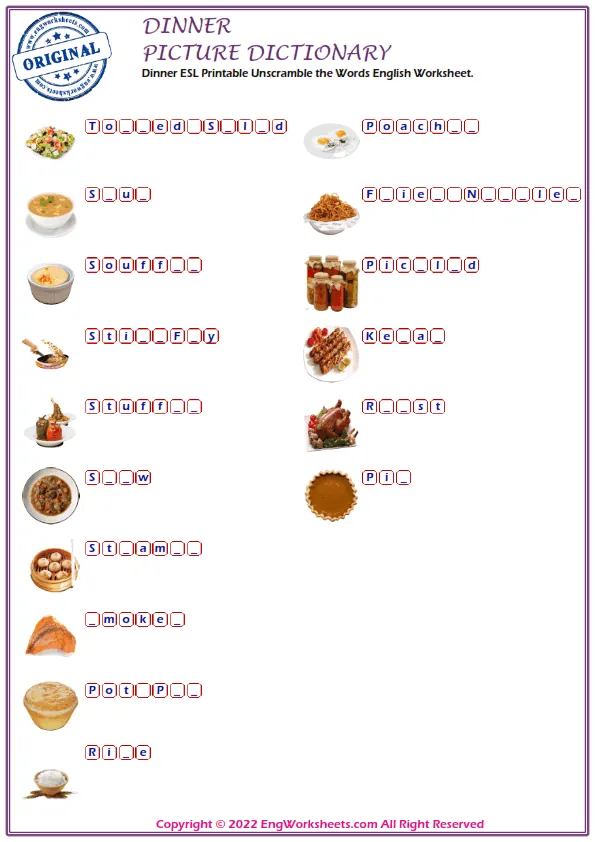 Dinner ESL Printable Unscramble the Words English Worksheet. Worksheet Preview
