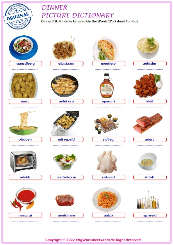 Dinner ESL Printable Multiple Choice Test. Worksheet Preview