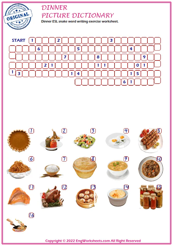 Dinner ESL snake word writing exercise worksheet. Worksheet Preview